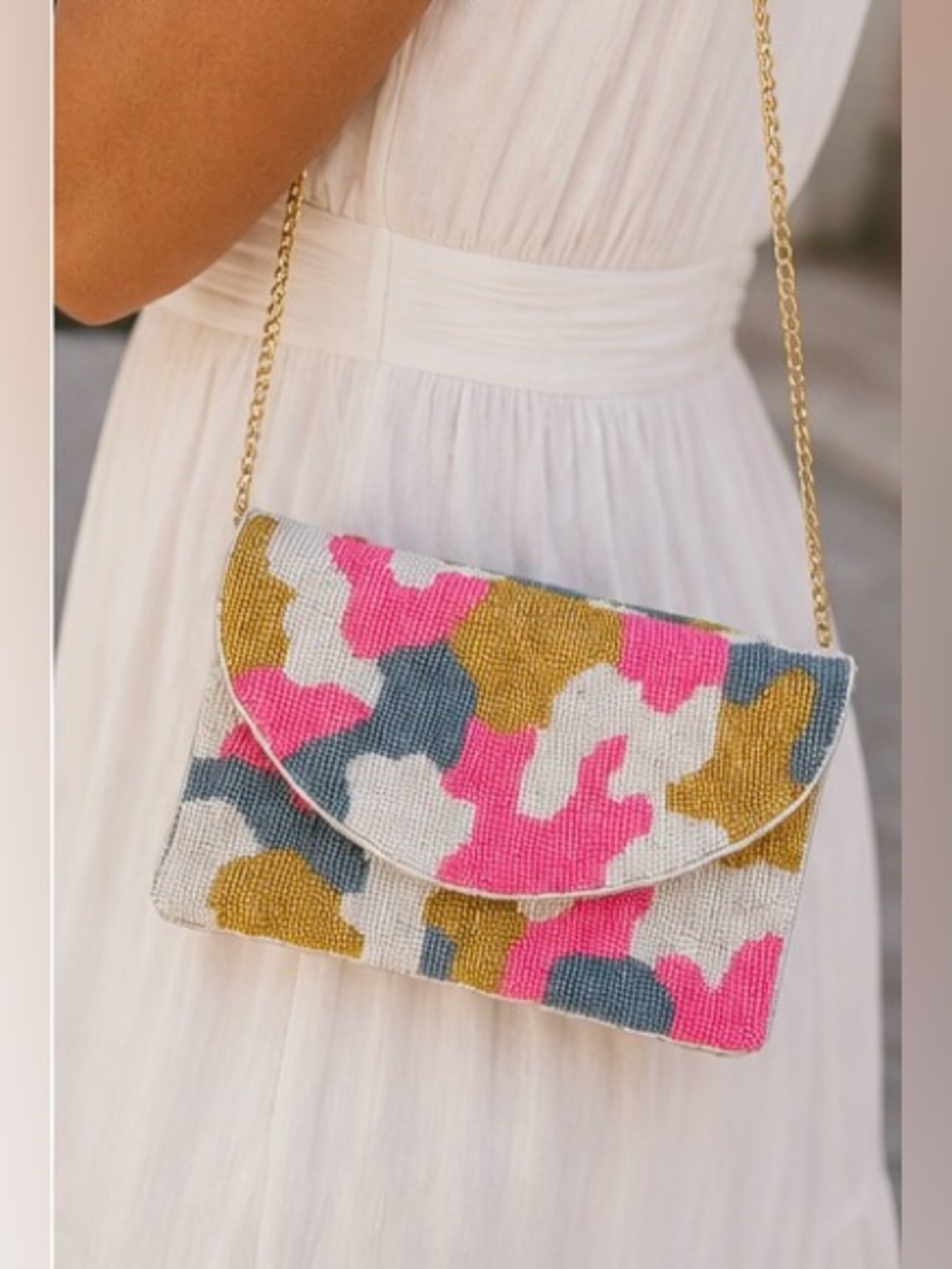 Shirdee Beaded Camo Clutch Crossbody Pink Gold White Evening Bag